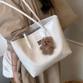 Bolso tote de cuero PU blanco brillante con un lindo colgante de perro de peluche - Blanco Con Colgante Perro Marrón