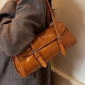 Retro caramel brown underarm bag in faux leather with silver buckle and vertical stitching - Brown