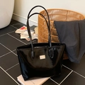 Elegant black patent leather shoulder bag with sleek rectangular silver metal plate - Black - Without Pendant