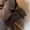 Chic dark chocolate glossy faux leather underarm shoulder bag with buckle straps - Brown