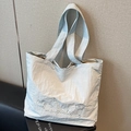 Minimalist beige canvas tote bag with elegant embroidery and double handles - Light Blue