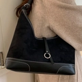 Borsa hobo retrò in pelle scamosciata nera con cuciture bianche e anello in argento - Nero