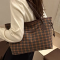 Sac fourre-tout à carreaux marron et bleu avec anses en similicuir et cordon - Petit Carreaux Brun