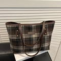 Classic checkered tote bag with brown leather handles and gold rivet accents - Large Plaid Coffee