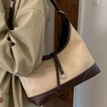 Borsa tote vintage in pelle scamosciata beige con finiture in pelle marrone e anello - Cachi