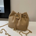 Chic beige corduroy bucket bag with drawstring closure, gold chain and pearl details - Khaki