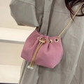 Pink corduroy drawstring bucket bag with gold chain and pearl accents for women - Pink