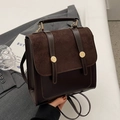 Dark brown vintage backpack for women in suede and leather mix with retro buckle - Coffee - No Pendant