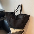 Large black corduroy tote bag with front pocket and rivet detail for women - Black