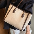 Large beige leather tote bag with dark brown trim and crossbody strap for work - White without Pendant