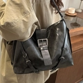 Retro black leather shoulder bag with metallic buckle detail and large capacity - Black