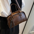 Retro dark brown Boston bag with top handles and adjustable strap for women - With Charm / Brown
