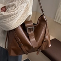 Vintage brown large capacity shoulder bag with decorative straps and metal buckles - Brown