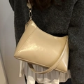 Chic beige glossy leather underarm bag with gold hardware and detachable strap - Khaki