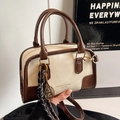 Retro Boston bag in cream and coffee leather patchwork with a tennis racket charm - With Charm / White & Coffee