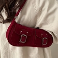 Retro dark red suede baguette bag with double pockets and silver buckles for women - Red