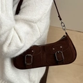 Dark brown suede hobo shoulder bag with double pockets and silver metal hardware details - Brown
