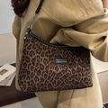 Tragetasche mit Leopardenmuster, schwarzem Lederbesatz und Vintage-Schultergurt - Leopard Kaffee