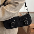 Retro black suede baguette shoulder bag with double pockets and metallic chain strap - Black