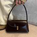 Retro chocolate brown baguette shoulder bag with elegant oval golden metal buckle - Dark Brown