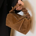 Brown suede pillow bag with scrunchie handle and double zipper closure for women - Brown