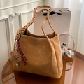 Large khaki tote bag with woven handles and cute bear charm pendant accessory - Khaki With Plush Bear Charm