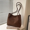 Dark brown suede tote bag with woven shoulder strap and golden logo detail - Coffee Without Pendant