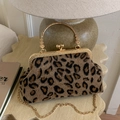 Vintage leopard print shell bag with gold clasp and metal handle for women - Brown