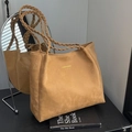Khaki suede tote bag with braided handles and golden Fashion & Bags print - Khaki - Without Pendant
