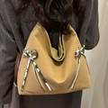 Large khaki tote bag featuring zip pockets and a striped bow ribbon accent - Khaki