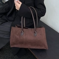 Large dark brown suede tote bag for women with long shoulder straps for daily commute - Brown