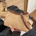 Retro kaki canvas schoudertas met bruine lederen afwerking en verstelbare riem - Geel