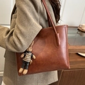 Retro brown tote bag with vintage texture and cute bunny charm accessory for women - With Rabbit Pendant / Brown