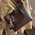 Large vintage coffee brown leather tote bag with cute rabbit pendant for autumn commute - With Rabbit Pendant / Brown