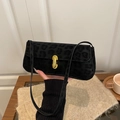 Retro black leopard print velvet baguette bag with a premium golden oval metal lock - Black