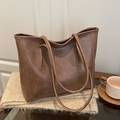 Minimalist large brown leather tote bag with retro texture for commute and daily use - No Pendant / Khaki