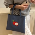 Navy nylon tote bag with red apple embroidery and reinforced top handles for women - Blue