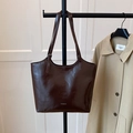 Deep brown glossy patent leather tote bag with FASHION lettering for women - Coffee Without Pendant