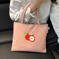 Pink nylon tote bag with red apple embroidery and reinforced carry handles for women - Pink