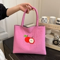Pink nylon tote bag with red apple embroidery and dual handles for daily use - Rose Pink