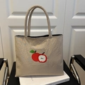 Beige nylon tote bag with embroidered apple design for women in a minimalist style - Khaki