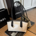 Minimalist beige tote bag with black trim and elegant metal knot buckle detail - Rice White - No Pendant