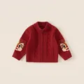 Red kids knitted zip cardigan featuring traditional lion dance embroidery on sleeves - 80 / Red