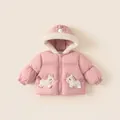 Pink hooded puffer coat for toddler girls with cute unicorn patches and white fleece lining - 80 / Pink
