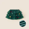 Girl's festive green layered tulle skirt with colorful pom-poms and warm fleece lining - 80 / Bottoms / Green (DQ25118)