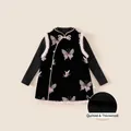 Girl's black velvet quilted vest with floral embroidery and pink faux fur trim - 80 / Top And Bottom / Black