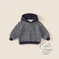 Felpa a righe con cappuccio da bambino foderata in pile, blu navy e grigio, vestibilità - 80 / Striscia Grigio Bluastro