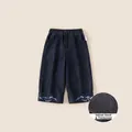 Girls dark blue fleece lined denim pants with embroidery and warm elastic waist - 80 / Dark Denim Blue