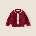 Rote Kinderstrickjacke mit weißen Punkten, Spitzenbesatz und Pompon-Knöpfen - Rot / 90