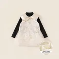 Girl's fleece lined tweed dress with heart embroidery and large satin bow detail - 130 / Black (DY23182C)